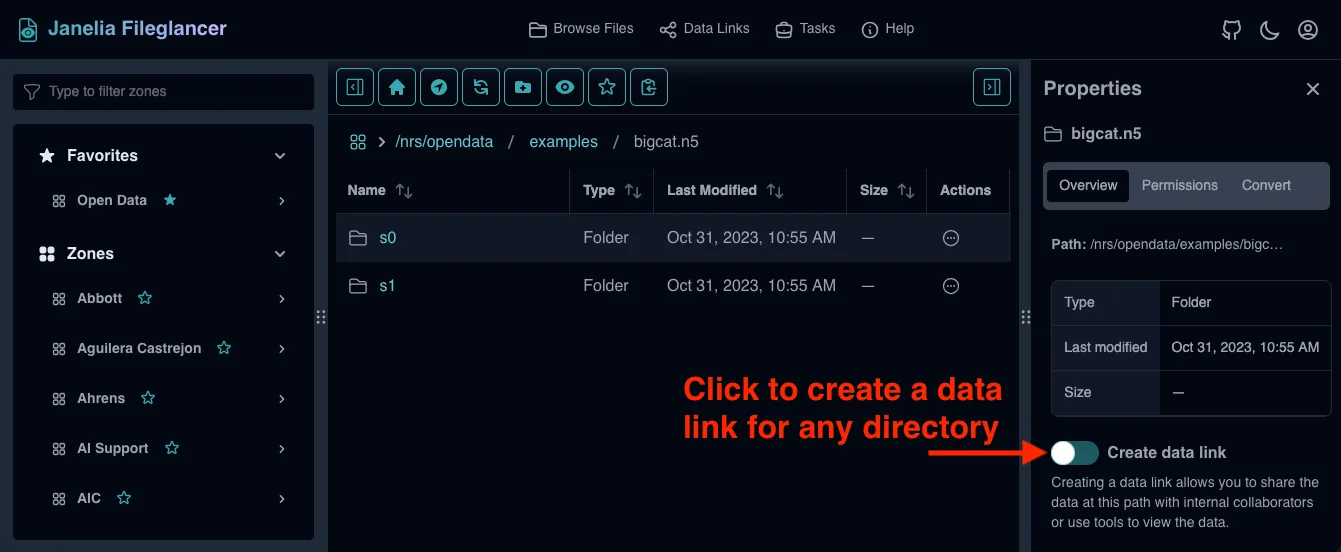 Screenshot of the Fileglancer interface, with one arrow pointing to the 'Create data link' switch in the Overview tab of the Properties panel.