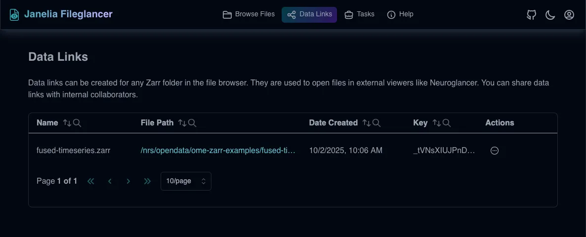 Screenshot of the Data Links page on Fileglancer interface, showing the table with created data links.