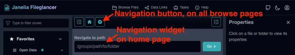 Screenshot of the Fileglancer interface, with one arrow pointing to the 'Navigate to path' input box at the top of the central panel and another arrow pointing to the 'Navigate to path' button in the toolbar above the central panel.