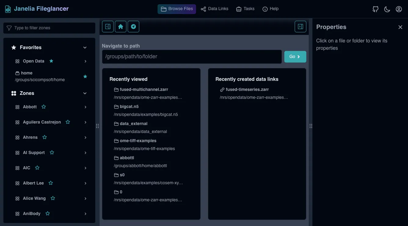 Screenshot of the Fileglancer homepage, showing the locations sidebar, properties panel, and main dashboard.
