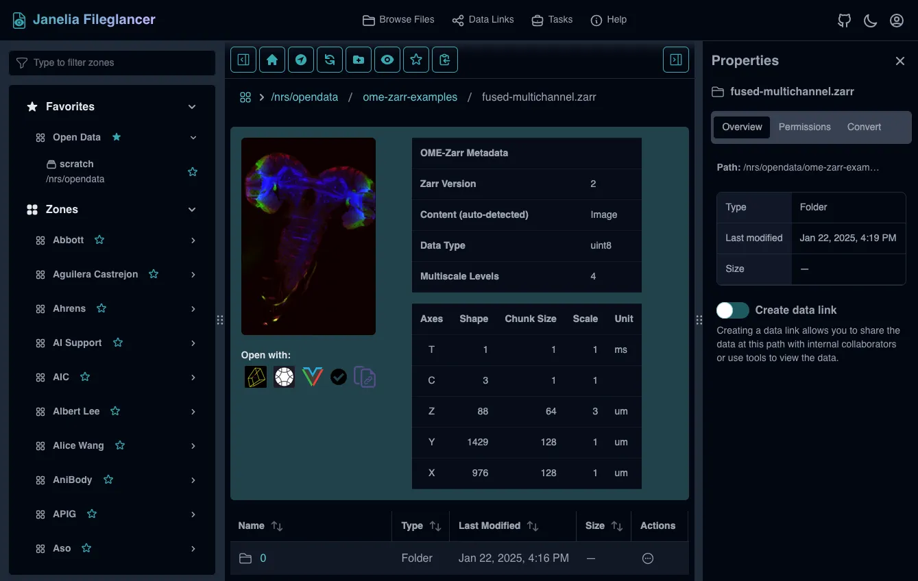 Screenshot of the Fileglancer interface showing a directory of OME-Zarr datasets.