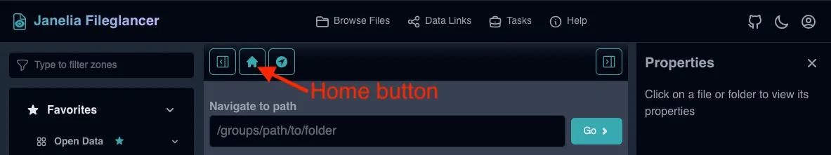 Screenshot of the top of the Fileglancer homepage, with an arrow pointing to the home directory icon.