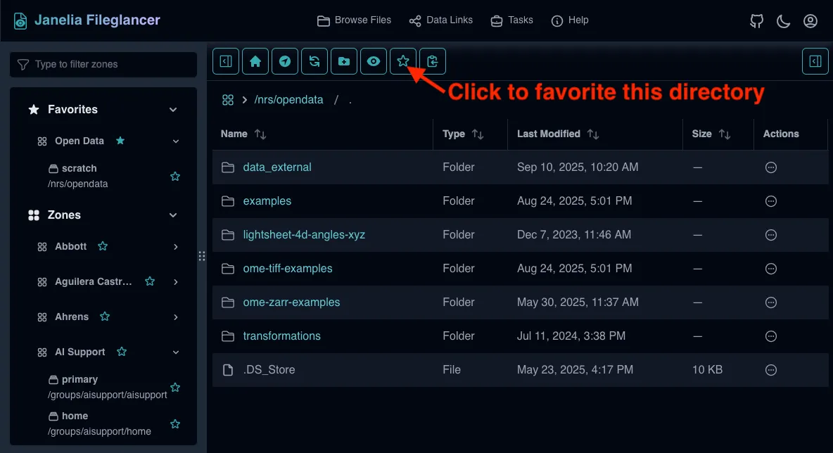 Screenshot of the Fileglancer interface, with an arrow pointing to the star icon for favoriting the current directory in the toolbar.