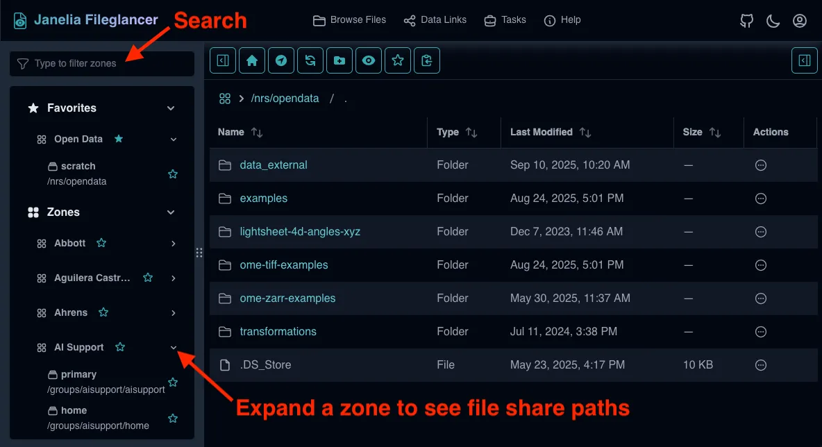 Screenshot of the Fileglancer interface, with one arrow pointing to the search box in the left sidebar and another arrow pointing to an expanded zone.