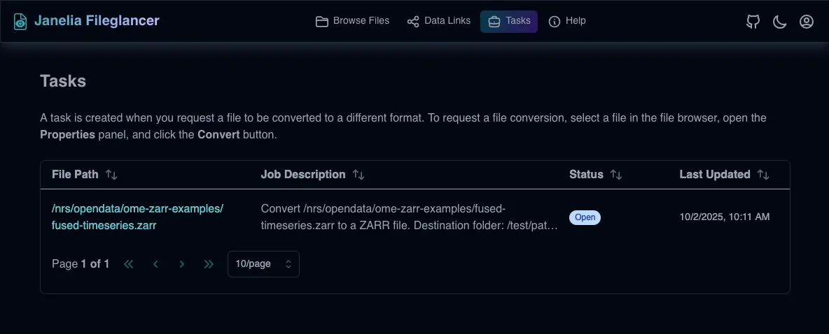 Screenshot of the Tasks page on Fileglancer interface, showing the table with created tasks.
