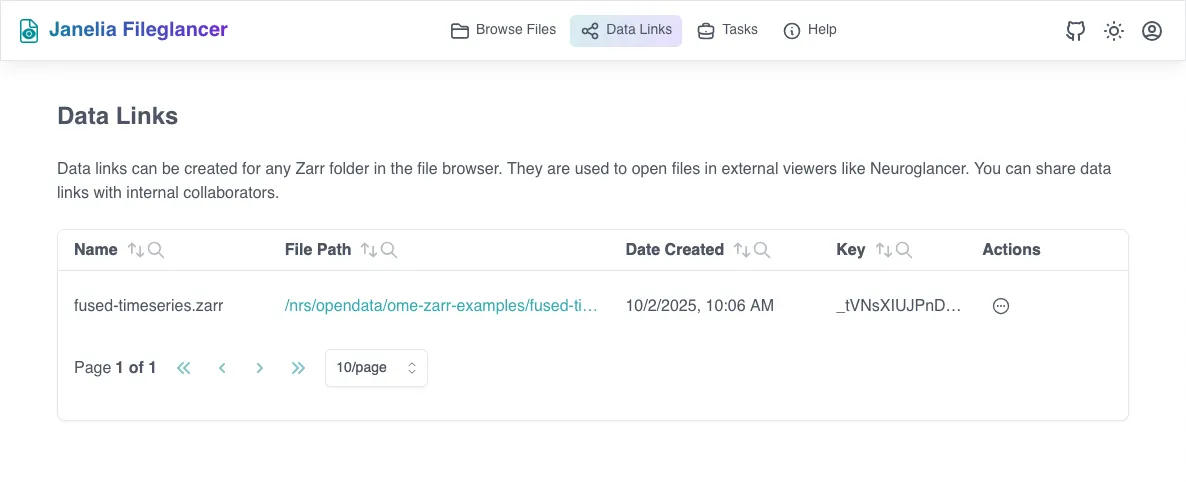 Screenshot of the Data Links page on Fileglancer interface, showing the table with created data links.