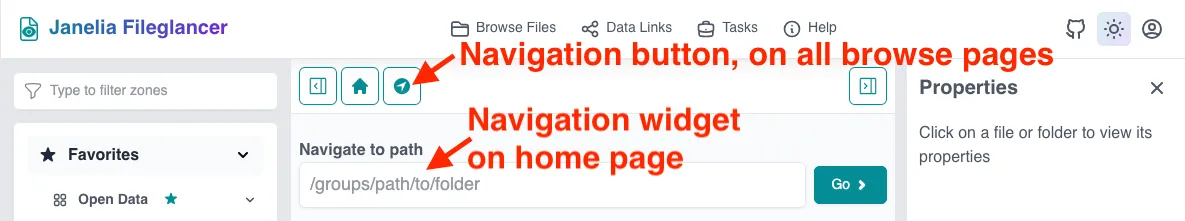 Screenshot of the Fileglancer interface, with one arrow pointing to the 'Navigate to path' input box at the top of the central panel and another arrow pointing to the 'Navigate to path' button in the toolbar above the central panel.