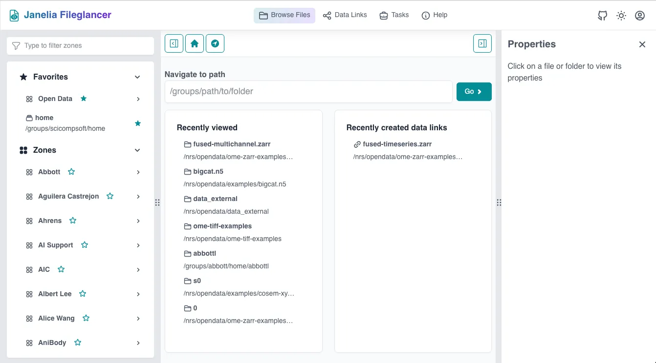 Screenshot of the Fileglancer homepage, showing the locations sidebar, properties panel, and main dashboard.