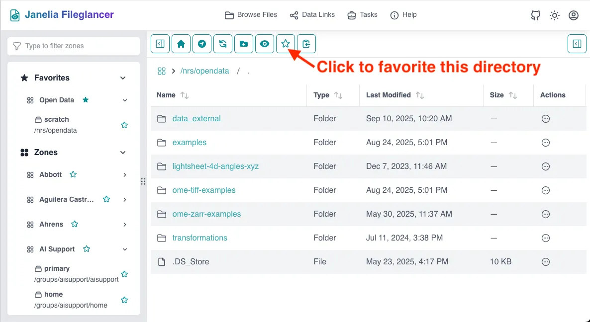 Screenshot of the Fileglancer interface, with an arrow pointing to the star icon for favoriting the current directory in the toolbar.