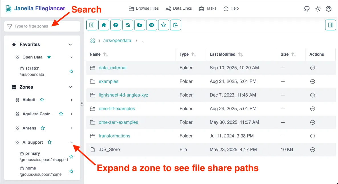 Screenshot of the Fileglancer interface, with one arrow pointing to the search box in the left sidebar and another arrow pointing to an expanded zone.