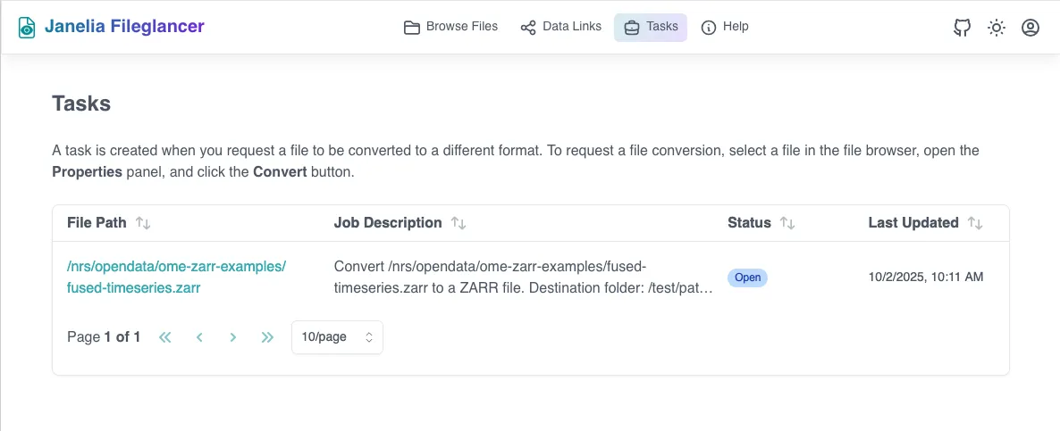 Screenshot of the Tasks page on Fileglancer interface, showing the table with created tasks.